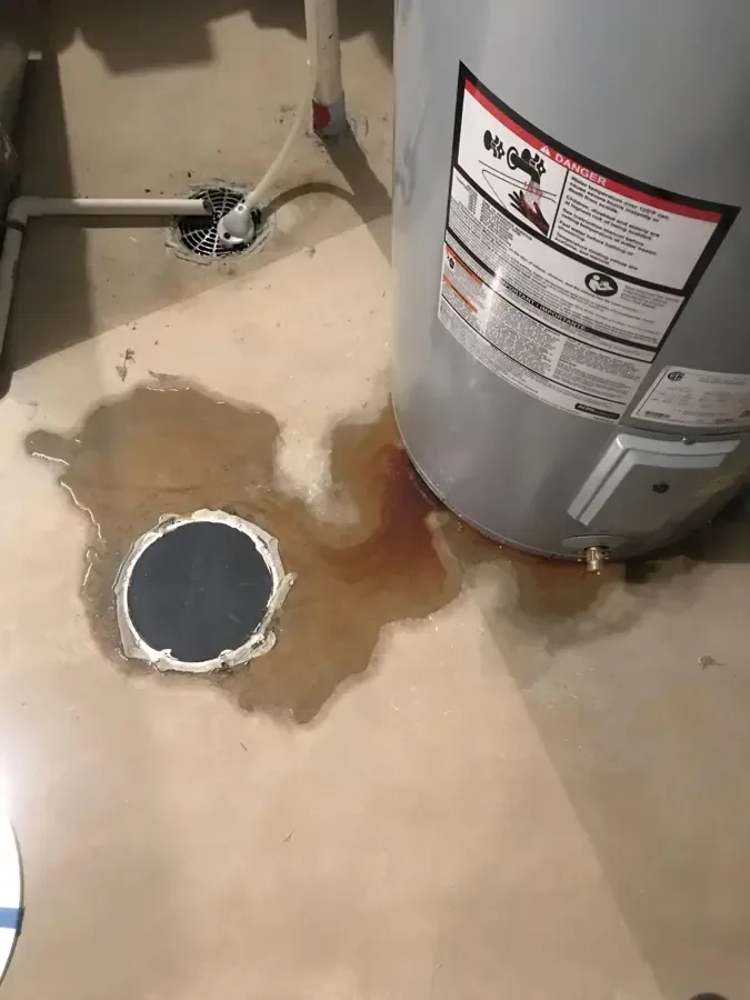 Pooled water around the base of a tank water heater and floor drain