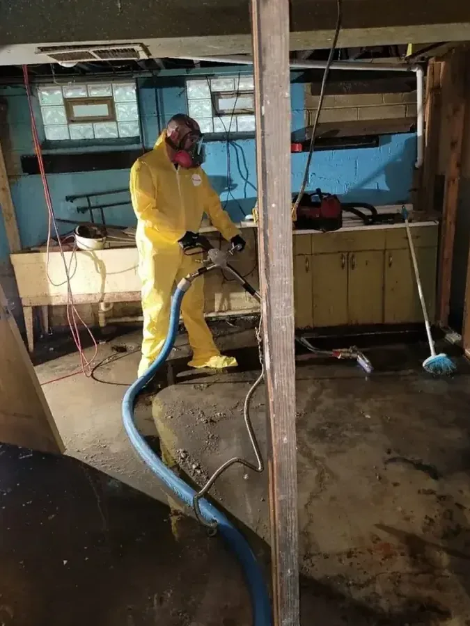 Worker in protective clothing extracting dirty water from an opened room