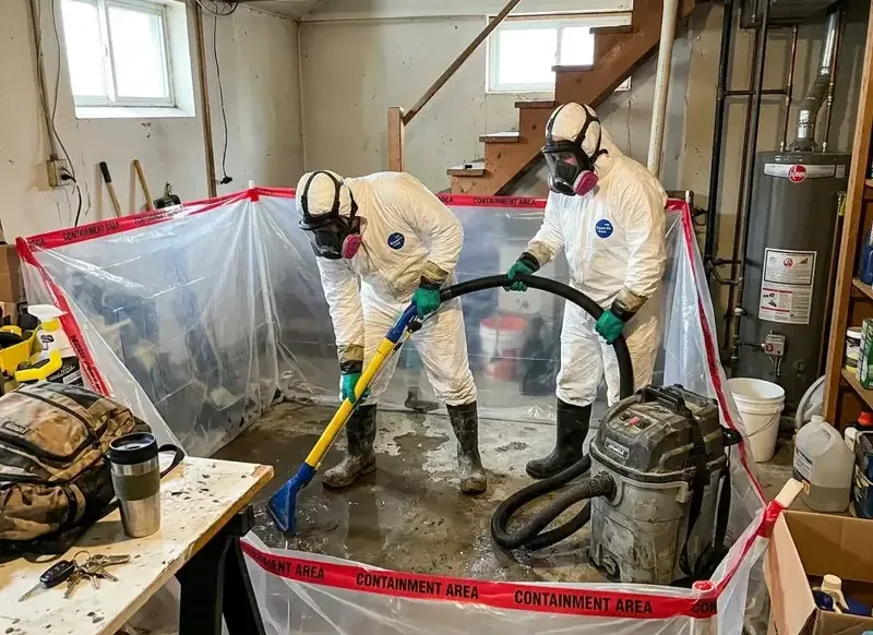 Workers in protective suits extracting dirty water inside plastic containment