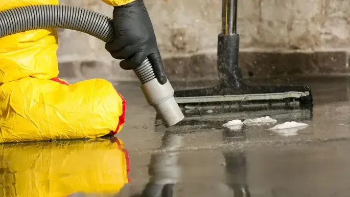 Gloved worker using an extraction wand to remove water from a hard floor