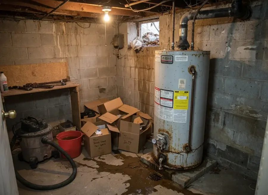 Standing water around a tank water heater in a utility room